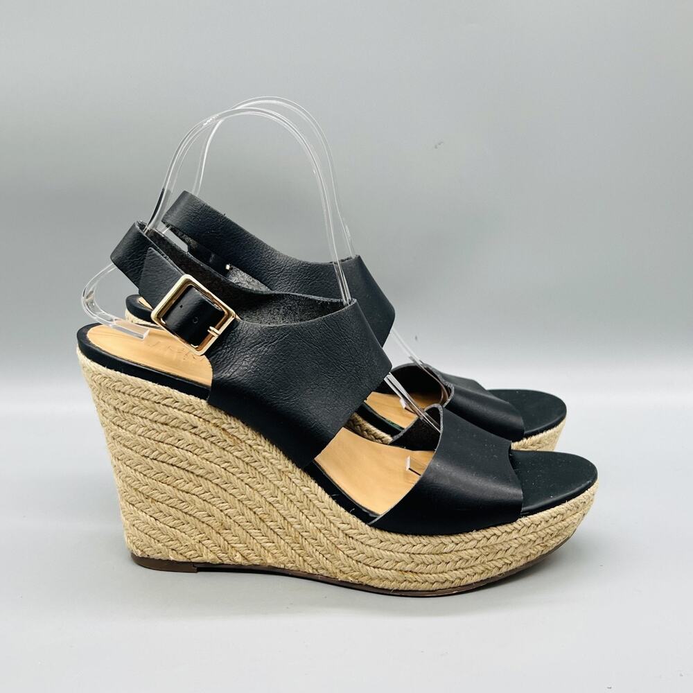 J Crew Sandals Women 8.5 Black Vegan Leather Espadrille Wedge Slingback Shoes